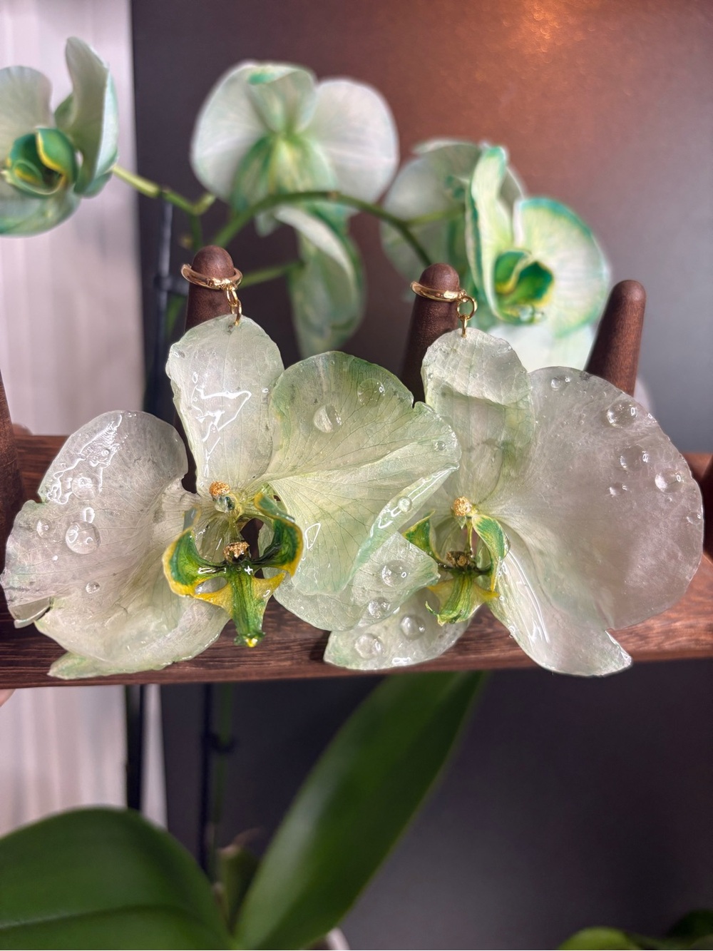 REAL Green Watercolor Orchid Full Size Gold Gilded Raindrop Huggie Hoop Earrings